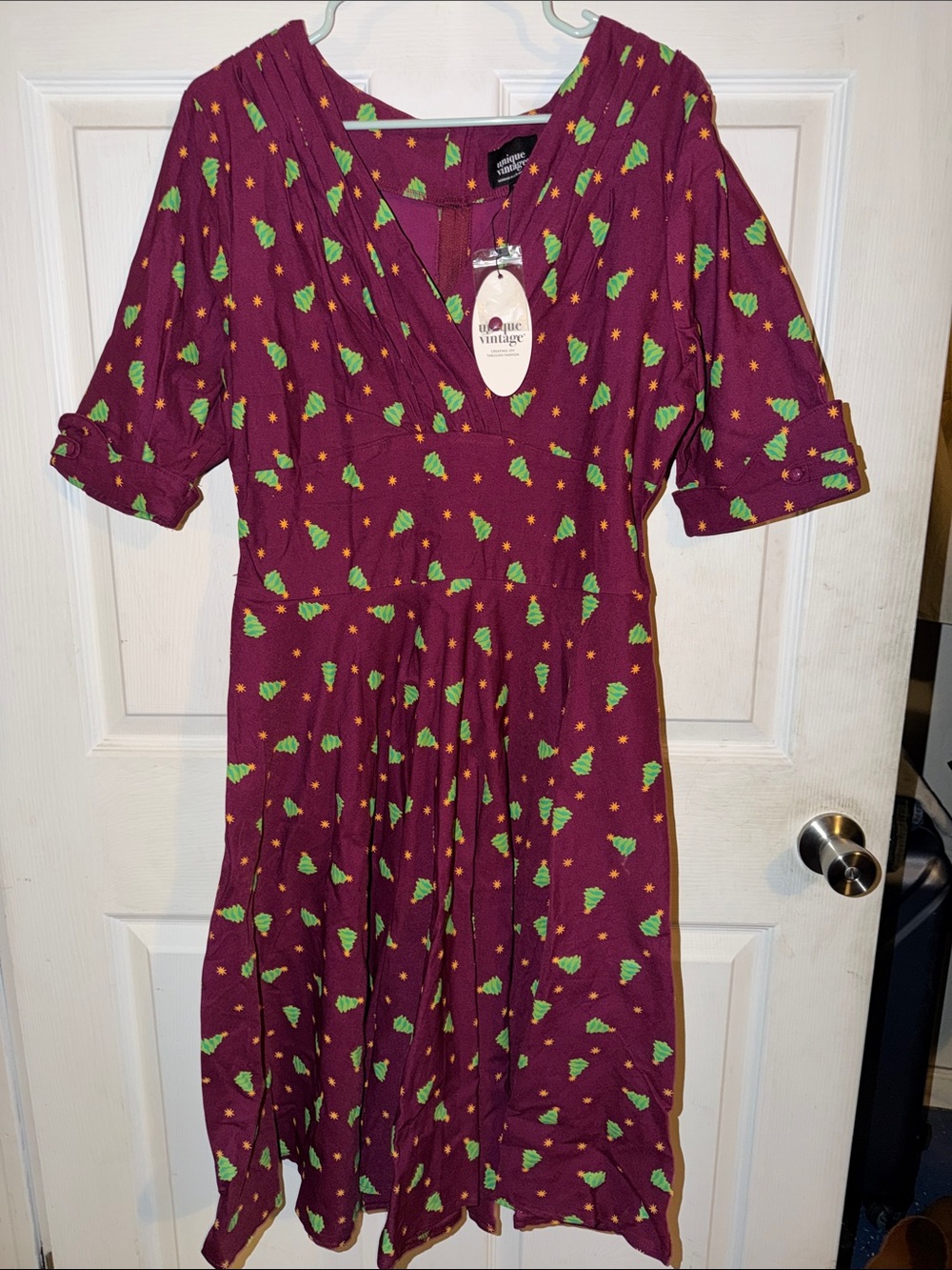 Unique Vintage Burgundy Midi Dress Christmas print
